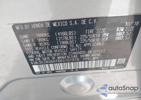 2019 Honda Hr-V Sport z USA, uszkodzony, nr VIN 3CZRU6H16KG707978